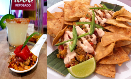 Mexican tacos and drinks on a table