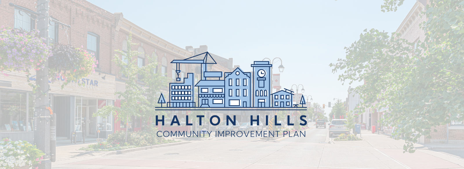 Halton Hills Community Improvement Plan Logo with background image of downtown street