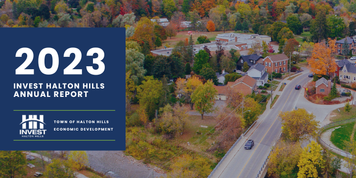 vibrant foliage with blue overlay stating: 2023 Invest Halton Hills Annual Report
