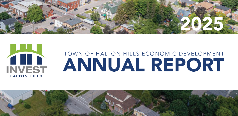A photo of the cover of the 2025 Invest Halton Hills Annual Report. It features a view of Acton.