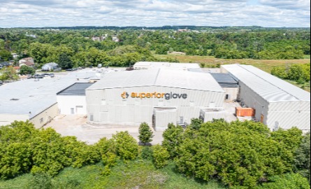 Overhead image of SuperiorGlove warehouse with yellow and black letters