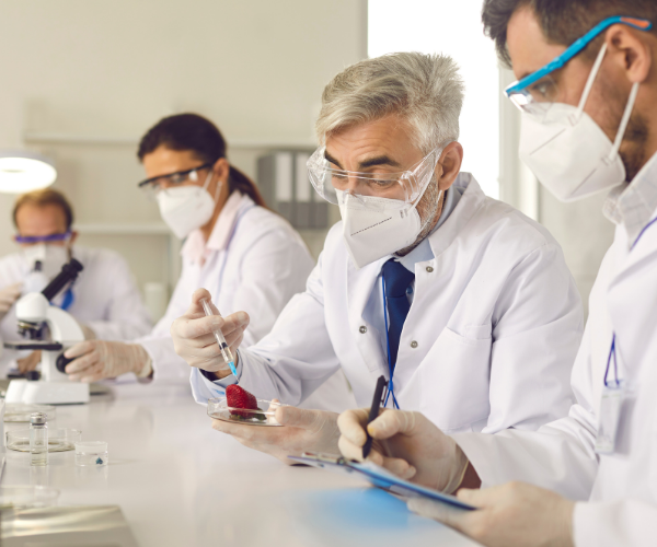 Scientists in a lab with a strawberry