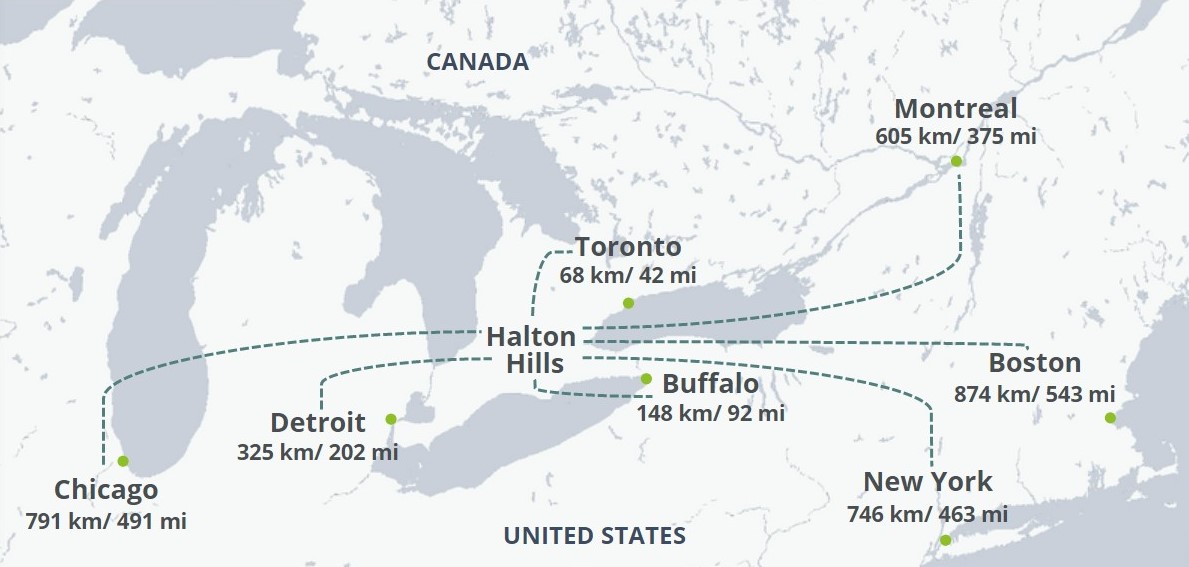 Map showing Halton Hills in proximity to major urban city centres including Detroit, New York, Chicago