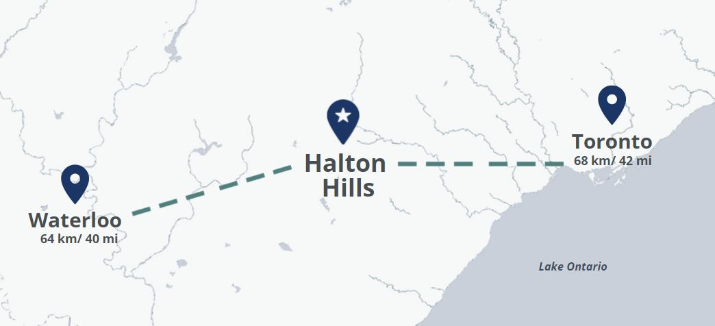 Map of Halton Hills showing middle proximity to Waterloo on the left and Toronto on the right